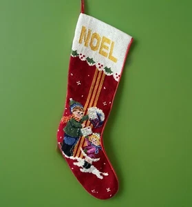 Vintage Christmas Stocking Needlepoint NOEL 100% Wool Children & Gifts 22 In L - Picture 1 of 8