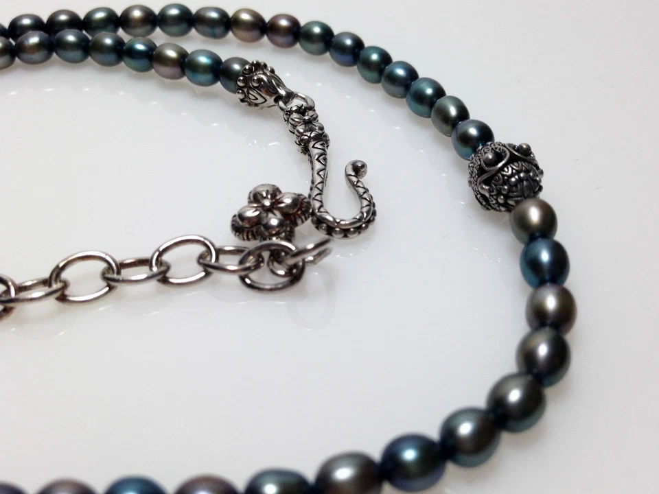 🦋 Barbara Bixby 蓝珍珠项链纯银链雕刻珠 — 第 1/4 张图片