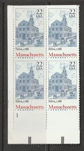 1988 U.S. Mint MNH Massachusetts 22 cent PLATE BLOCK Scott # 2341 - Picture 1 of 1