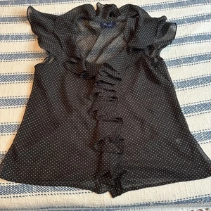 Chaps Petite Medium Top Sheer Sleeveless Blouse Black Dot Ruffles - Picture 1 of 4