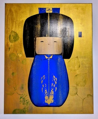 Koizumi Kokeshi Art Original Bild Gemälde Unikat Kunst gold Japanisch Blau  Art  - Bild 1 von 4