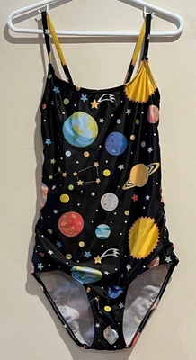 Traje de baño para niñas talla L grande 1 pieza traje de baño negro planetas tema espacial Foto 1 de 4