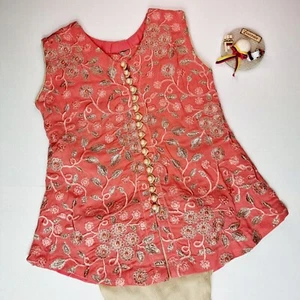Pink Chiffon Short Shirt and Trouser | Shalwar Kameez | Embroidered Kid Ethnic - Picture 1 of 7