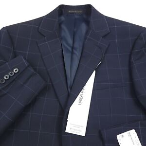 Calvin Klein Malbin Wool Blend Blazer Suit Jacket  Mens 42L Navy Blue Windowpane