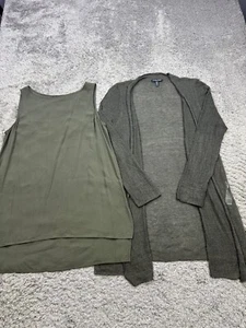 Eileen Fisher Sweater Vest Women PM Medium Olive Green Hemp Cardigan Silk 2pc - Picture 1 of 14