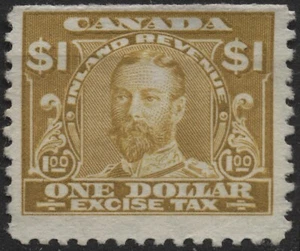 Canada 1915 #FX14 $1,00 giallo oliva, francobollo accise, usato - Foto 1 di 1