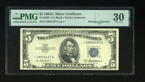DBR 1953-A $5 Silver STAR Fr. 1656* PMG 30 Serial *18914167A - Picture 1 of 2