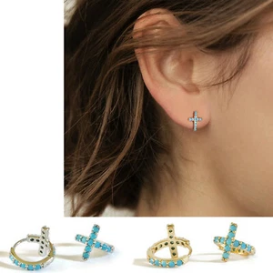 Sterling Silver Cross Turquoise Huggie Hoops Nickle Lead Free Handcrafted In US - Picture 1 of 18