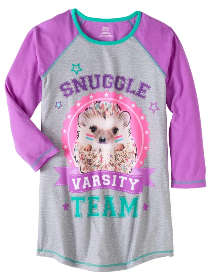 Camisón de erizo gris y púrpura para niñas acurrucarse equipo universitario camisa para dormir XS Foto 1 de 1