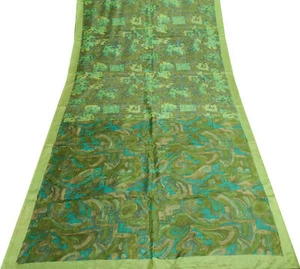 Sushila Vintage Green Scrap Saree 100%Pure Silk Printed Floral Sari Craft Fabric - Picture 1 of 10