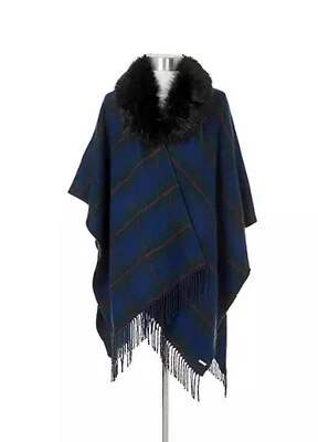 Ralph Lauren Women's Reversible Plaid Cape Ruana w/ Faux Fur Collar One Size - Image 1 of 3