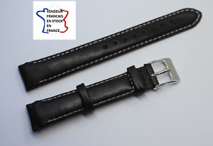 Bracelet montre ; 16mm ; NOIR surpiqué BLANC ; CUIR VERITABLE / 239-1