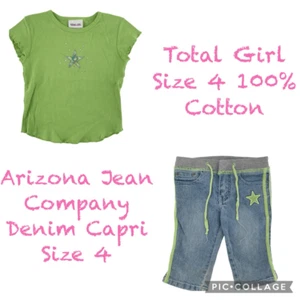 Y2K Girls 2-Piece Outfit Green Embellished Tee & Denim Striped Capris, Size 4 - Picture 1 of 16