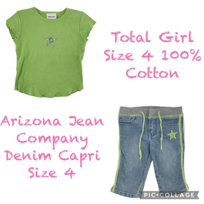 Conjunto de 2 piezas Y2K para niñas camiseta verde adornada y capris de mezclilla a rayas, talla 4 Foto 1 de 4