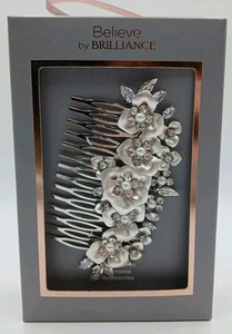 Believe by Brilliance Silver Plated with Cubic Zirconia Hair Comb w/Flowers - Picture 1 of 6