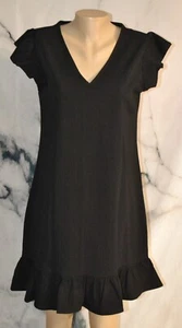 SHEIN Black Crinkle Shift Dress 6 Unlined Ruffled Hem Cap Sleeves 100% Polyester - Picture 1 of 8