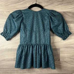 Handmade Girls Amish Flare Dress Blue Basketweave Print Puffed Sleeves Trimmed - Picture 1 of 12