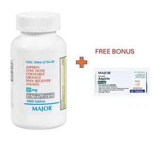 Major Low Dose Aspirin 81 mg EC Table 1000 Count Generic Bayer + FREE BONUS - Picture 1 of 3