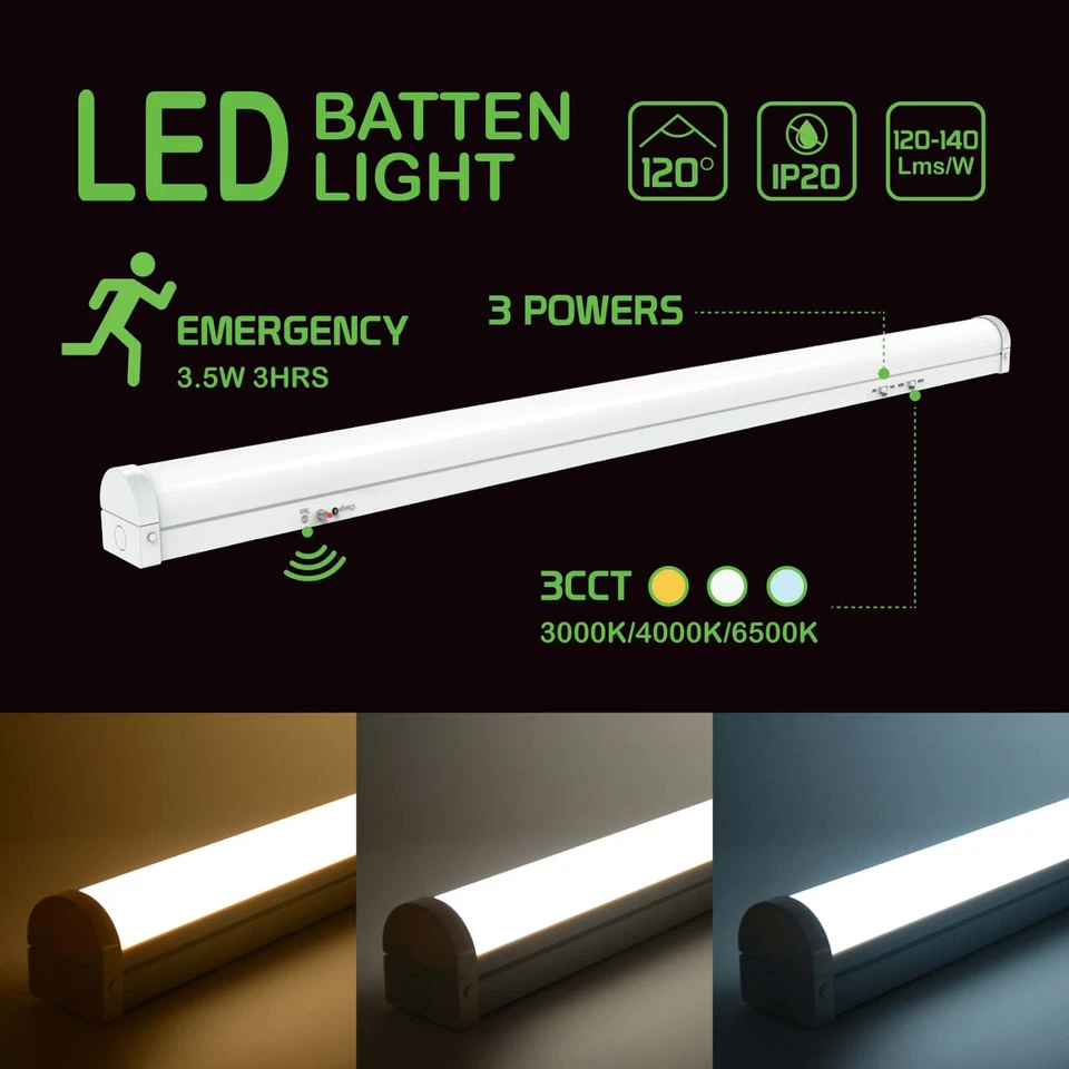 LED Nova Batten Light Safety Emergency & Sensor Light Fitting 3CCT 4FT/5FT/6FT - Image 1 of 4