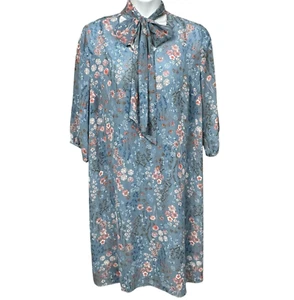 Women WIthin Tunic Dress 22W Blue Floral Chiffon Lined Balloon Sleeves Neck Tie - Picture 1 of 13