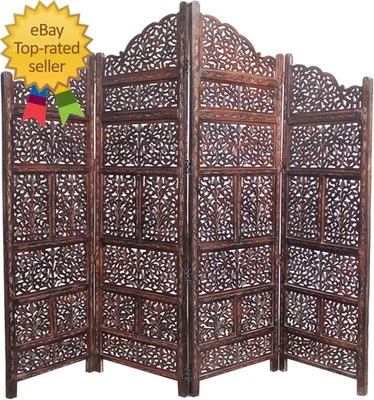Room Divider Wood Screen  Mahanadi Antique Brown  4 Panel Folding 72X80 - Image 1 of 4