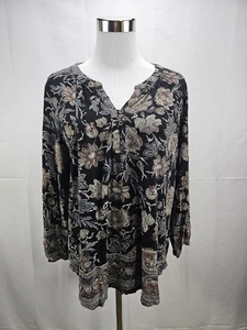 LUCKY BRAND Women’s Size L Black Floral Long Sleeve Button Top Blouse Shirt - Picture 1 of 8