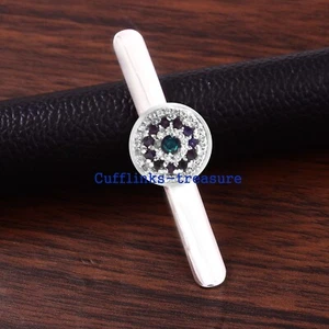 Natural Blue Sapphire Topaz & CZ Stones 925 Sterling Silver Men's Tie Clip #3 - Picture 1 of 7