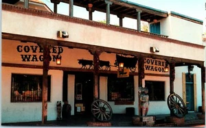 NM Postcard Covered Wagon Old Town Plaza Albuquerque Shop Visit See Real Indians - Picture 1 of 2