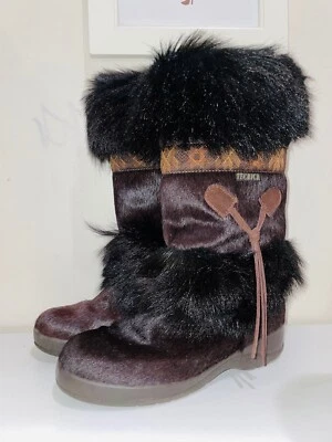 TECNICA APRES SKI BROWN FUR TASSEL SHEARLING TALL WINTER BOOT* W 7 38 - Image 1 of 4