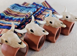 Steer Skull Napkin Rings Southwest Motif Terra Cotta Set of 4 *Napkins Included  - Picture 1 of 10