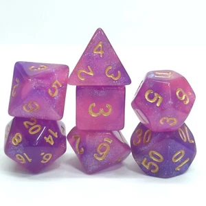 New 7 Piece Polyhedral Briar Rose Aurora Glitter Dice Set With Dice Bag D&D - Picture 1 of 3