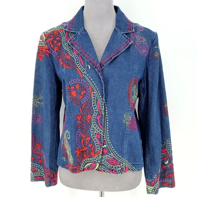 Chaqueta Coldwater Creek para mujer pequeña azul bordada algodón jean broches de presión Foto 1 de 4