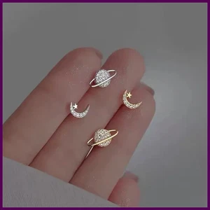 Aretes simples de circón estrella luna planeta para mujer color dorado/plateado - Imagen 1 de 28