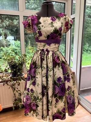 50's Taffeta prom Dress Size 8/10 Net Floral Purple Green Hand Made USA Vintage - Image 1 of 4