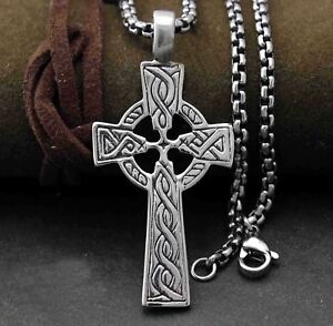 Men Irish CELTIC CROSS Ireland Pendant Necklace Titanium Stainless Steel Jewelry