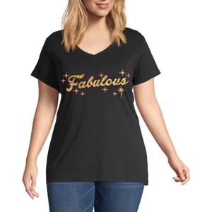 Plus V neck Short Sleeves foil Graphic T-Shirt-Fabulous - Picture 1 of 2
