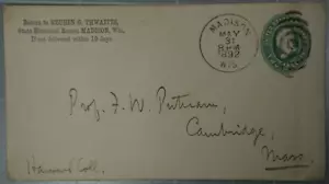 US 1892 Cover, State Historical Rooms WI to Harvard MA (Ex. Prof. F. W. Putnam) - Picture 1 of 2