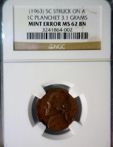 1963 ERROR NGC MS62 Off Metal Jefferson Nickel on Cent Wrong PLANCHET BU + Coin Cover
