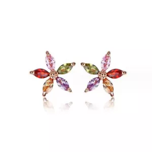 Unique Five Flower Peridot Garnet Topaz Amethyst Gems Gold Plated Stud Earrings - Picture 1 of 5