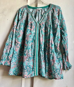 ✩Fab *EAST* Floral Beaded Embroidered Oversized Smocked Hand Block Print Tunic✩ - Picture 1 of 9