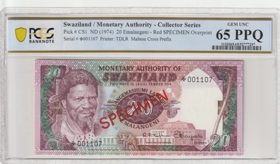 Swaziland 1974 20 Emalangeni Certified PCGS Banknote UNC 65 PPQ CS1 SPECIMEN - Image 1 of 2