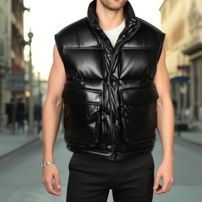 Chaleco acolchado negro para hombre - Chaleco acolchado de cuero de cordero Foto 1 de 4