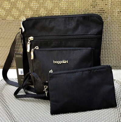 NWT Baggallini Pocket Crossbody Bag with RFID Wristlet Black Cheetah $78 MSRP - Image 1 of 4