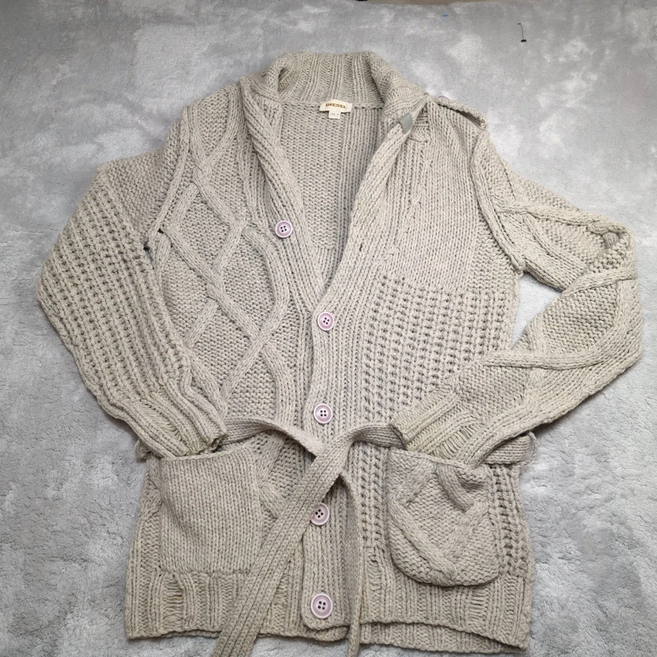 Diesel Chunky Fisherman Cable Knit Cardigan Shawl M Beige Wool Grandpa - Image 1 of 4