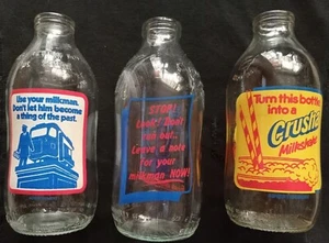 3 x Vintage 1980s British empty Milk Bottles with advertising, 1 pint size. - Picture 1 of 9
