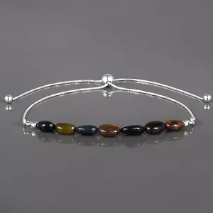 Natural Black Opal Beads Adjustable 925 Silver Bolo Chain Slider Women Bracelet - Picture 1 of 7
