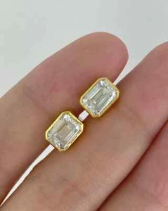 3 Ct Emerald-Cut VS2/G Lab Grown Diamond Bezel Set Stud Earrings 14k Yellow Gold - Picture 1 of 6