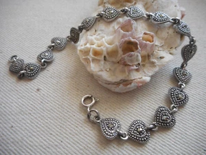 Lovely Vintage Sterling Silver Marcasite Heart Link 7.5" Bracelet 49652 - Picture 1 of 7