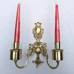 Brass Wall Sconce Double Candle Holder Ornate Hollywood Regency Baroque Rococo - Picture 1 of 11
