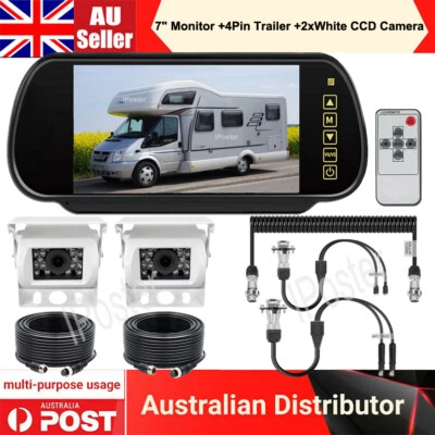 IPoster 7" Rear view Mirror Monitor+2 x White Reversing CCD Camera 4 Pin Trailer - Image 1 of 4